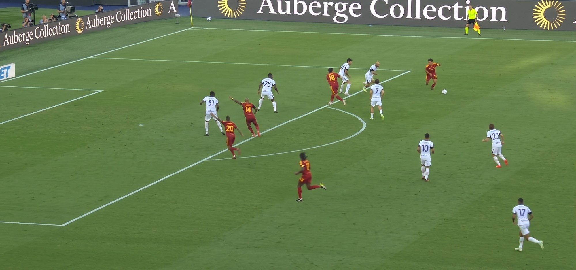 A football match frame, then the same play with a ring marked under every player and the ball tracked